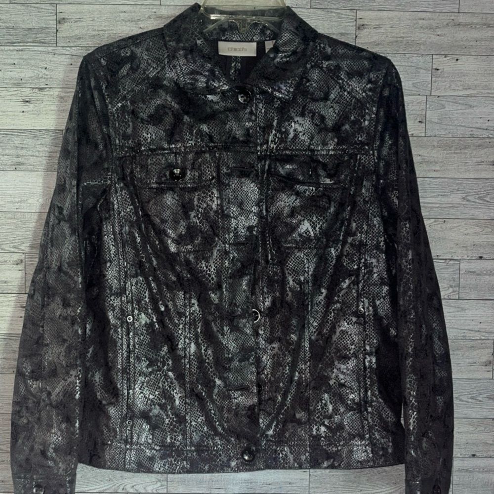 Chico's Embroidered Jacket Size 1 Gray Pewter Shimmer Textured Button Down